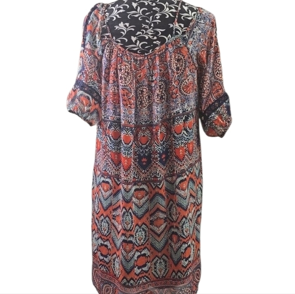 FOCUS Studio Bohemian Print Dress in Orange and Blue, Off Shoulder, Size 8 - Picture 6 of 6